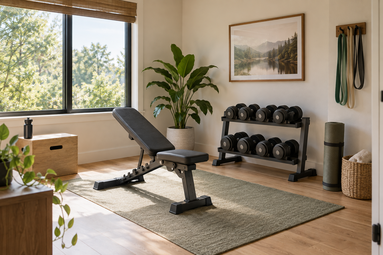 Bright compact home gym with an adjustable bench, dumbbell rack, exercise mat, resistance bands, and indoor plants