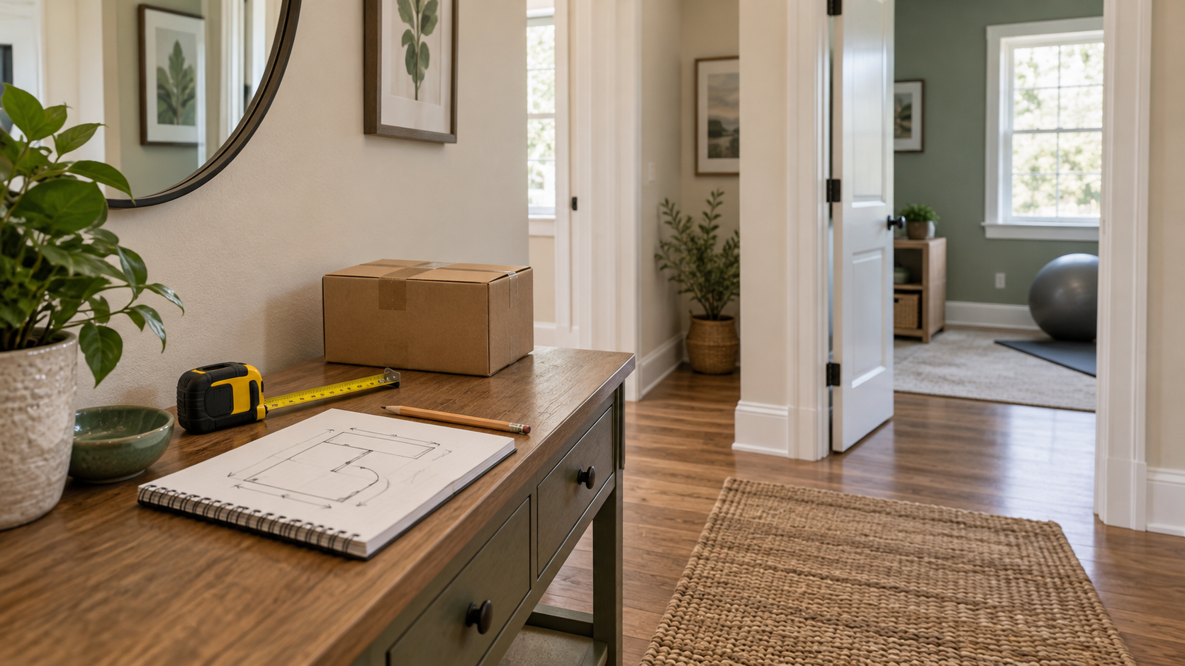Tape measure, route sketch and parcel beside a clear hallway leading to a home gym.