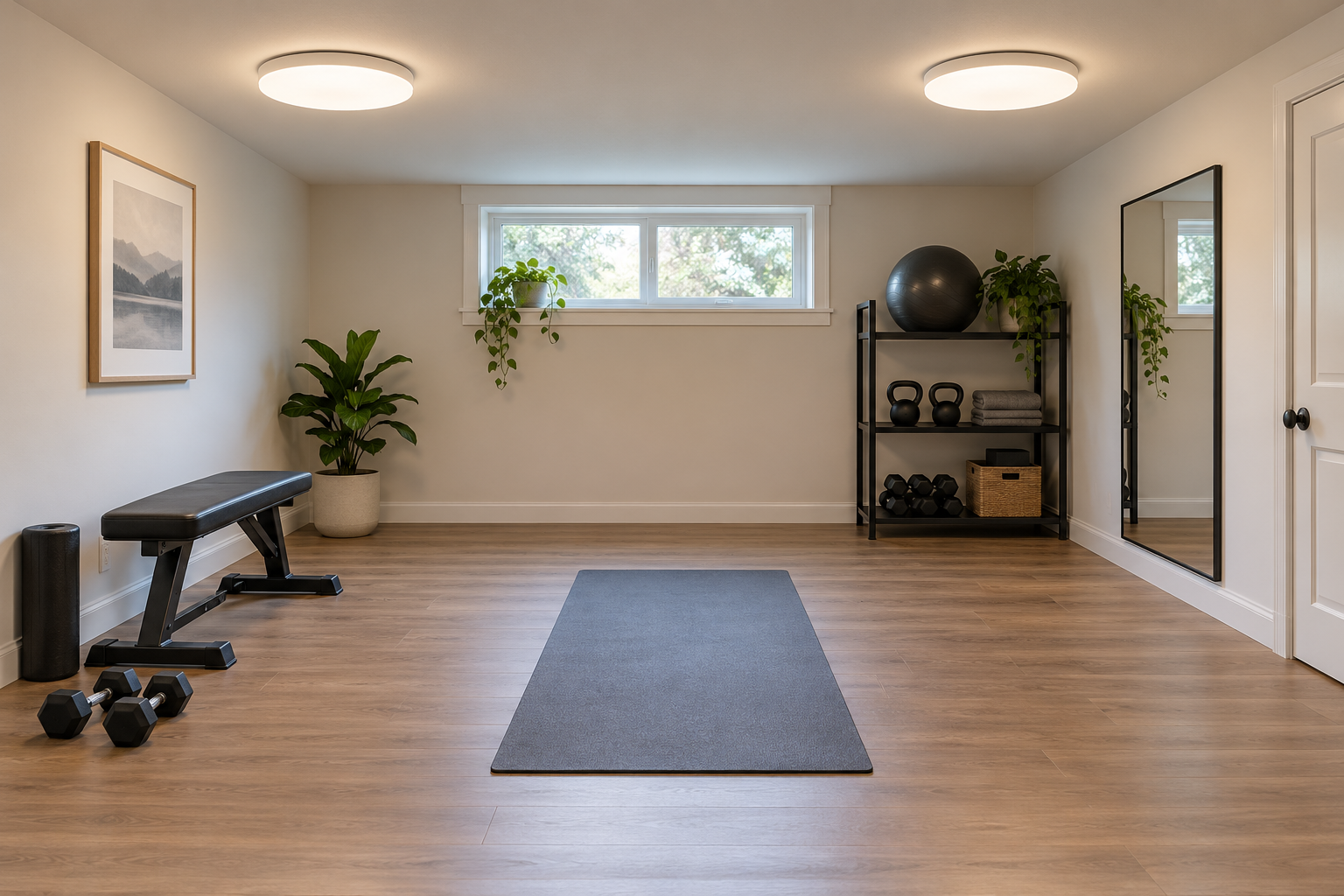 Low-profile diffused ceiling lights illuminating a small home gym with a bench and exercise mat.