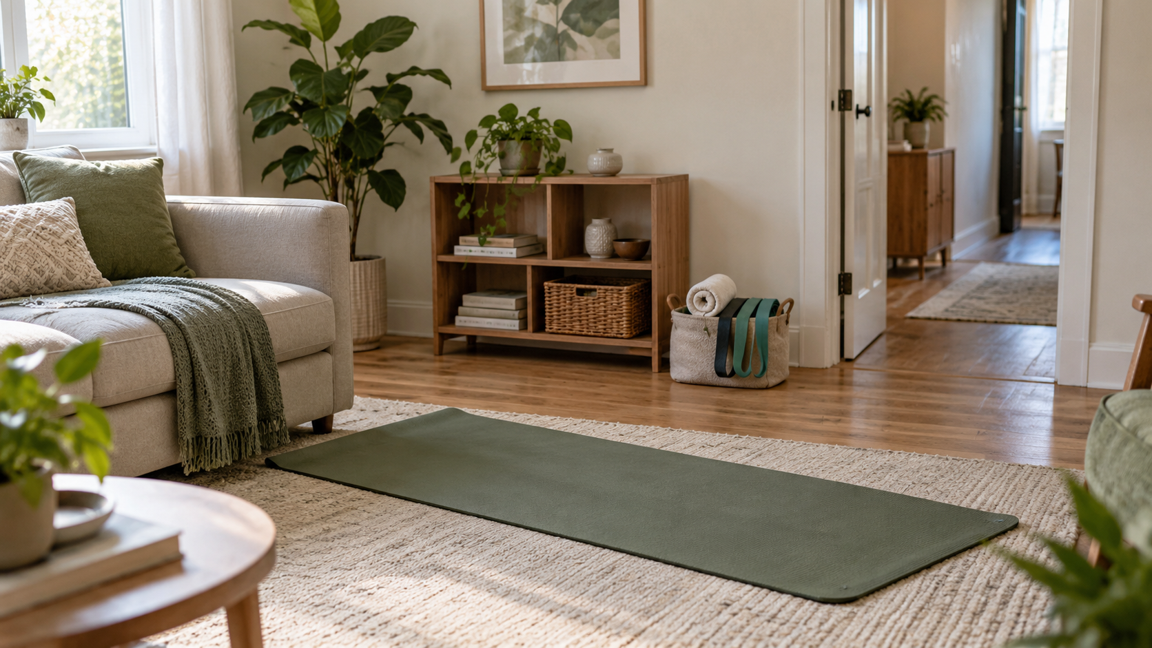 Portable exercise mat and a basket of resistance bands in a tidy living room with a clear doorway.