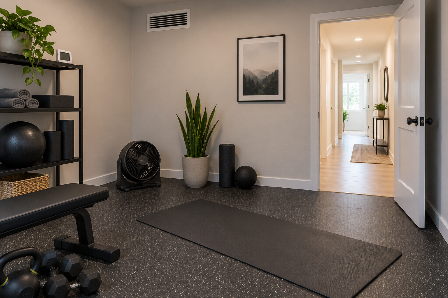 Windowless workout room with a wall vent, humidity monitor, floor fan and unobstructed doorway.