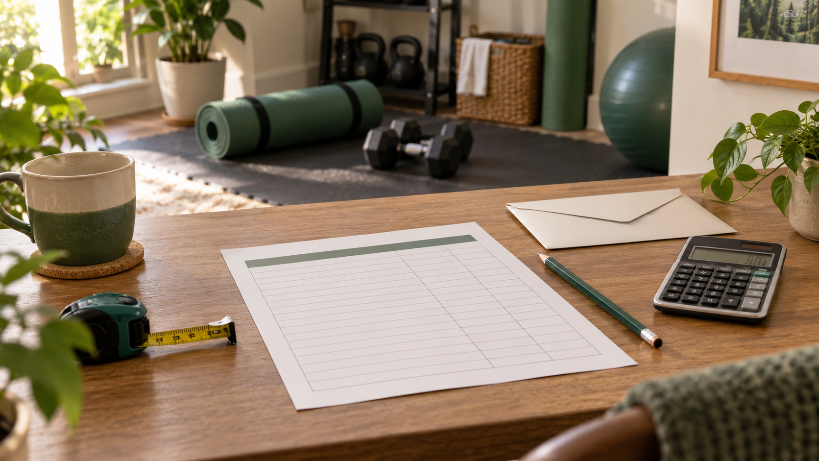 A home gym budget worksheet, calculator and measuring tape on a desk beside a modest exercise space.