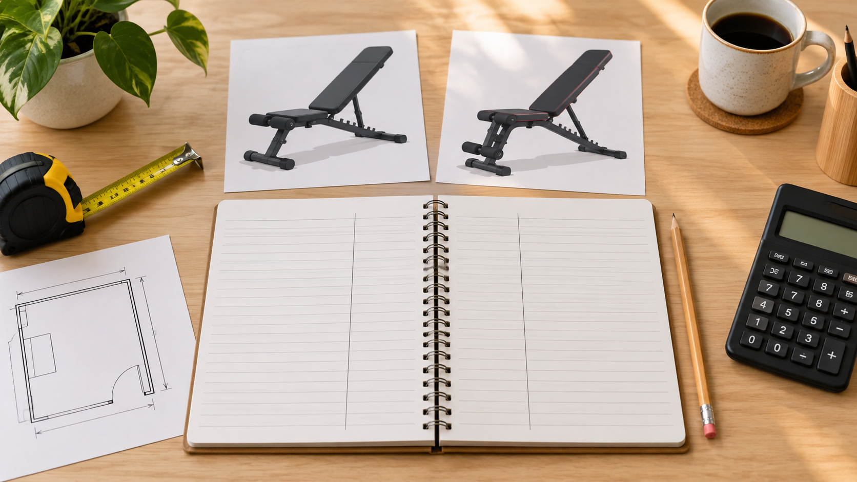 Equipment comparison notebook with two exercise bench illustrations, a measuring tape, room plan and calculator.