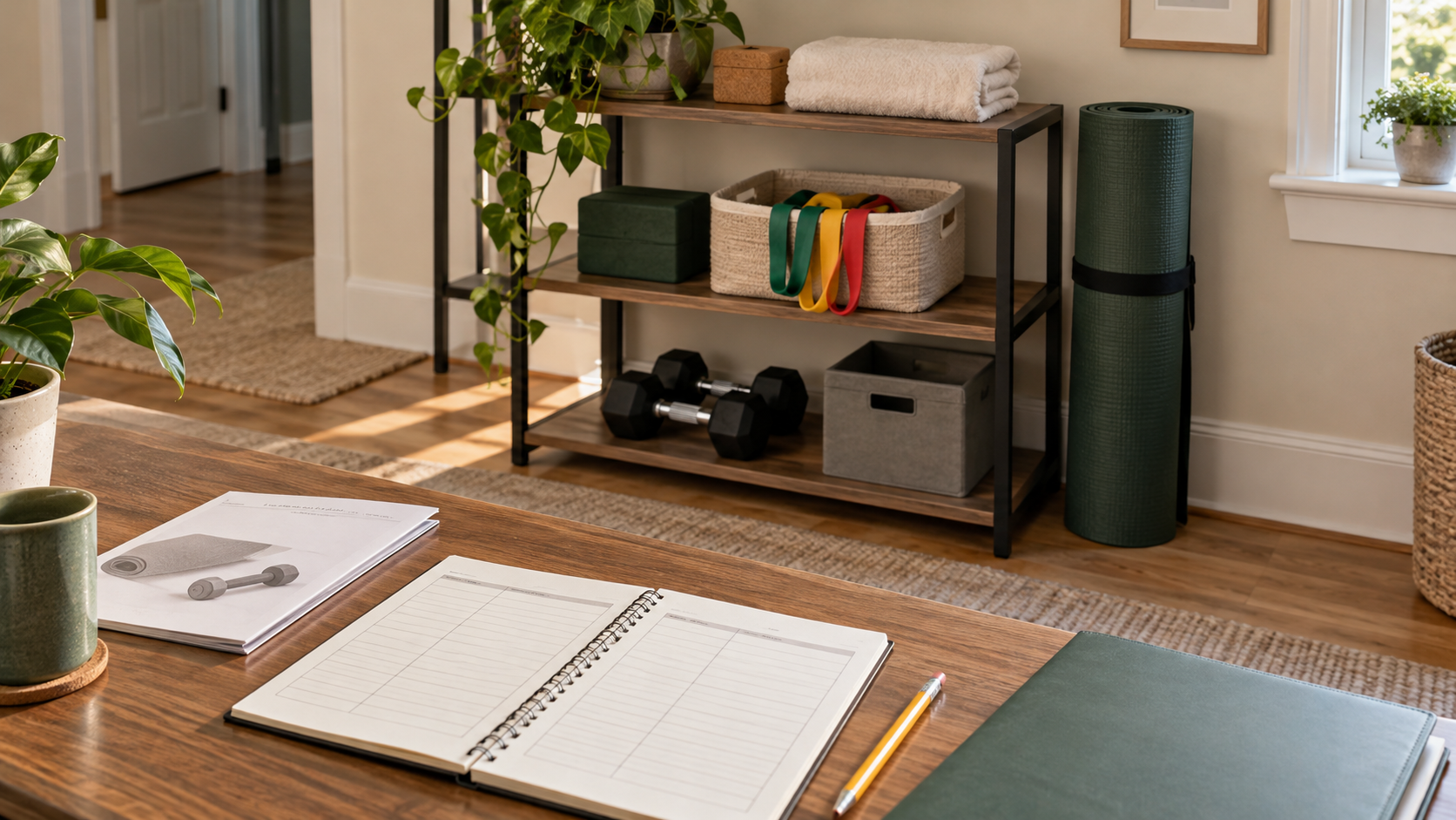 Inventory notebook beside a shelf holding resistance bands, dumbbells and an exercise mat.