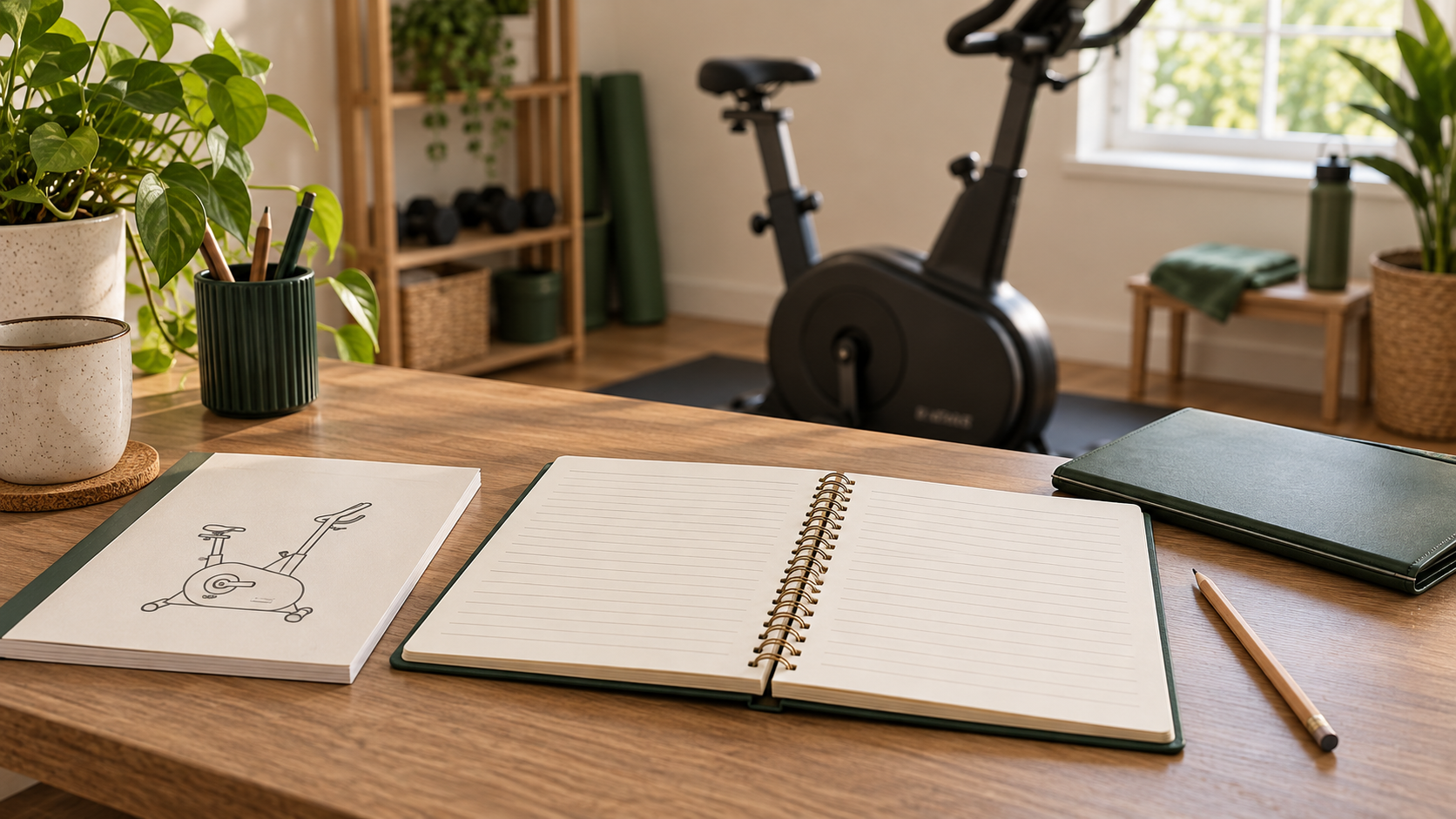 An open maintenance notebook and equipment manual on a desk in front of a home exercise bike.