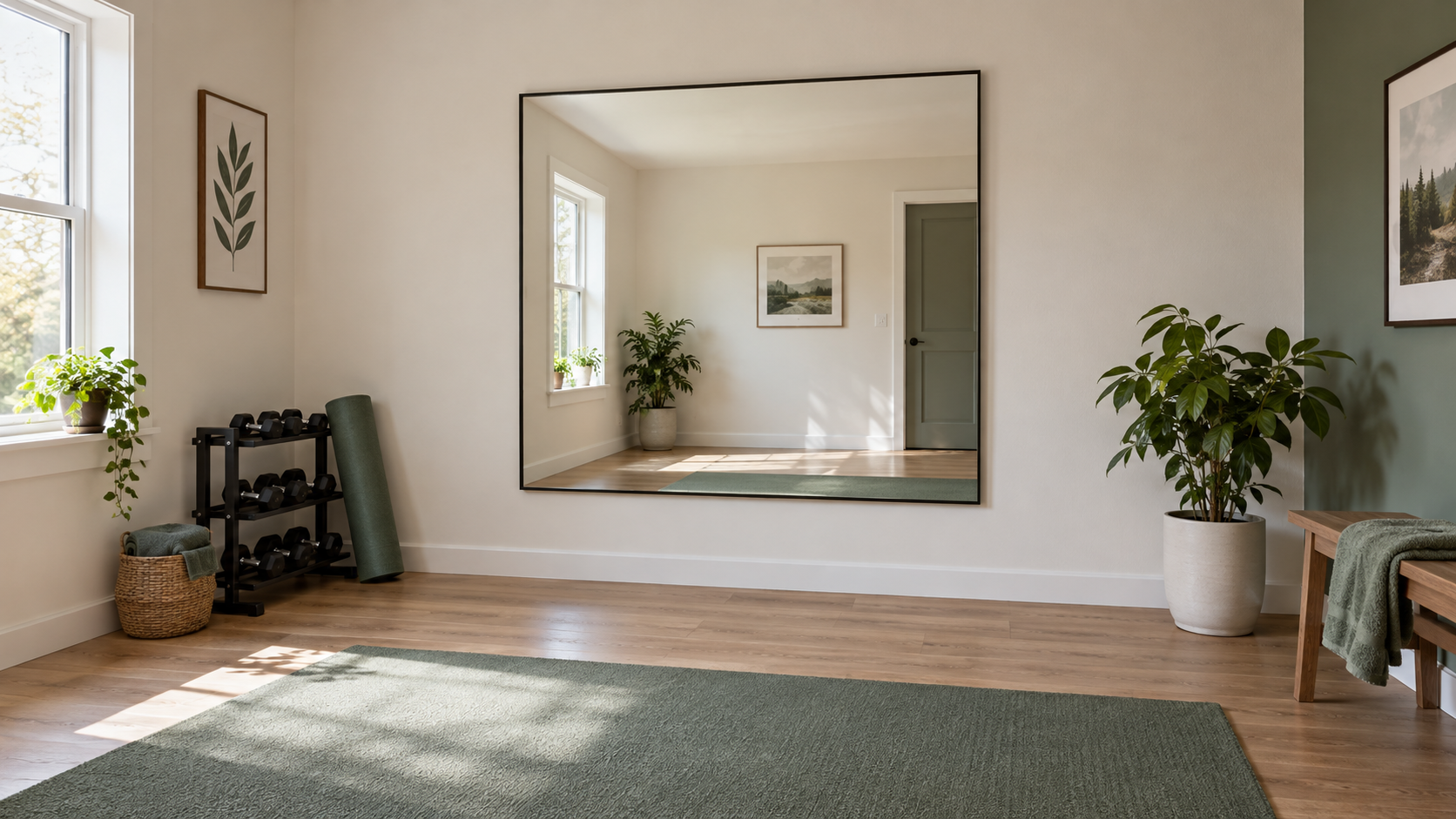 Home gym concept with a wall-mounted mirror, clear floor space and equipment stored to the side.