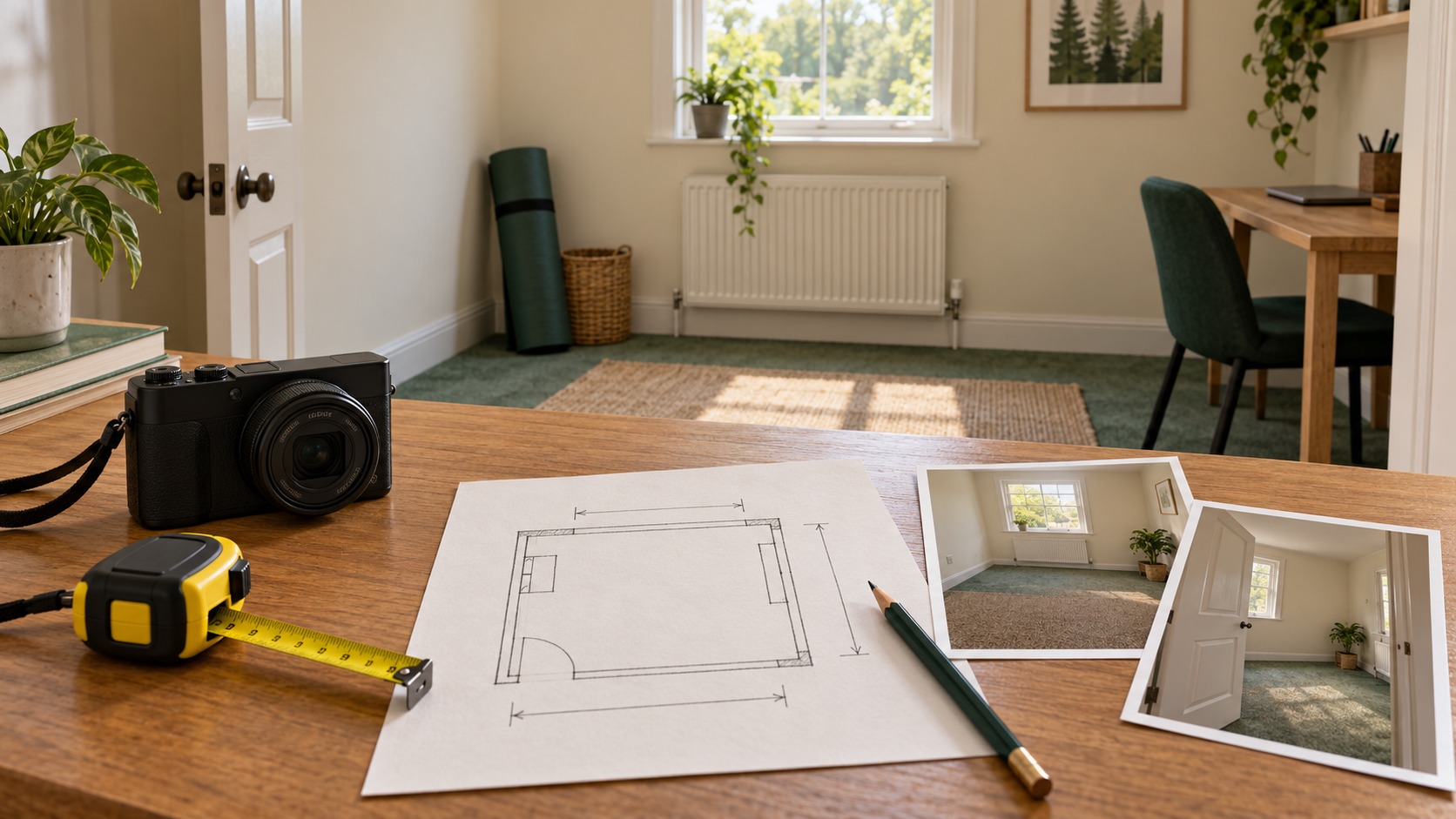 Camera, measuring tape, room sketch and reference photos on a desk in a spare room.