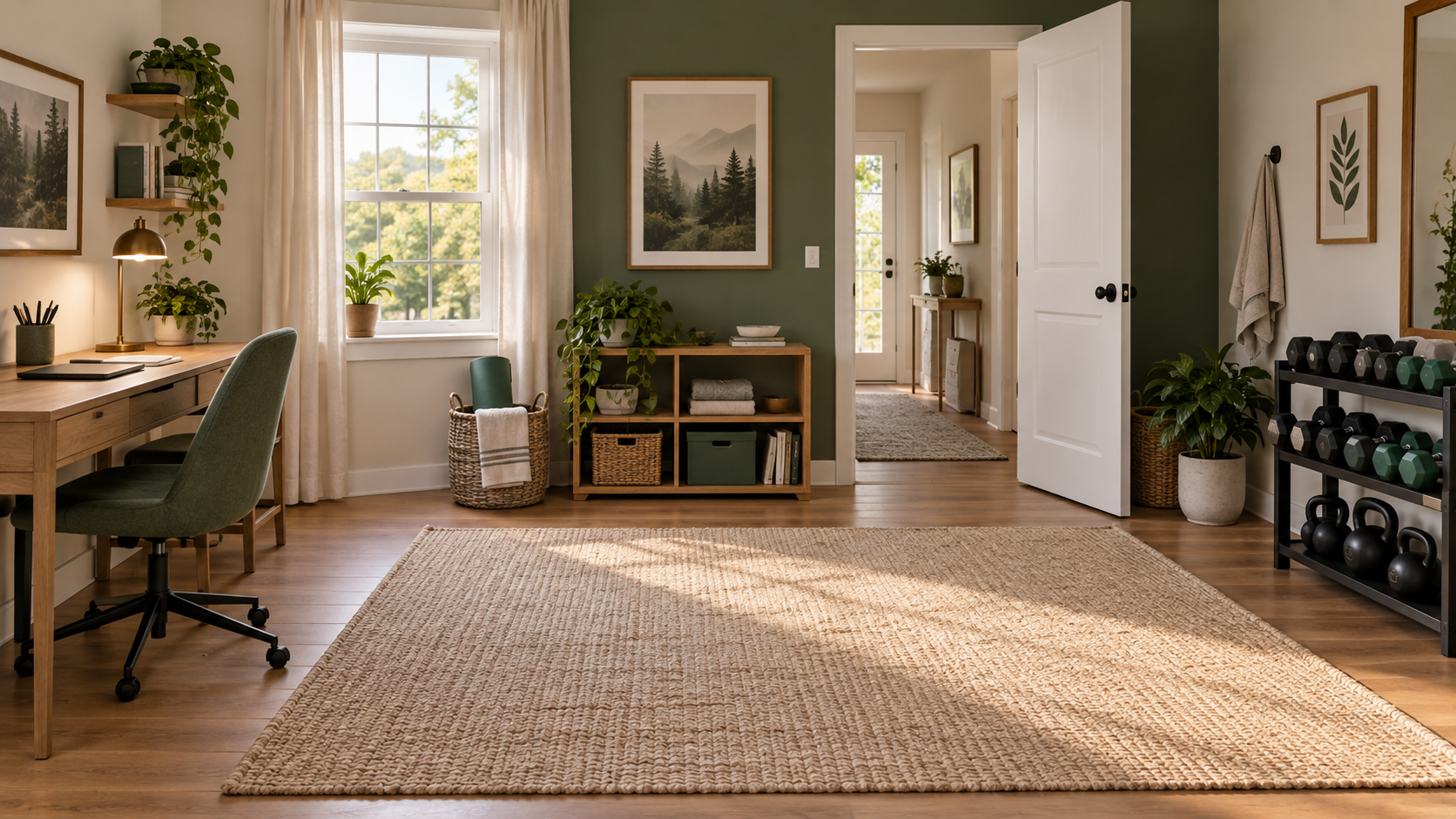 Shared home office and gym with a desk, rolled exercise mat, stored weights and a clear doorway.